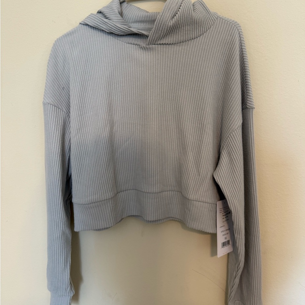 Light Gray Ribbed Cropped Hoodie